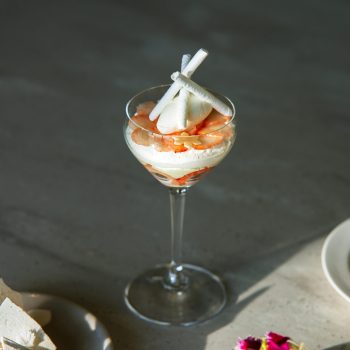 A beautifully plated dessert parfait with meringue and fresh fruit, perfect for gourmet dining.
